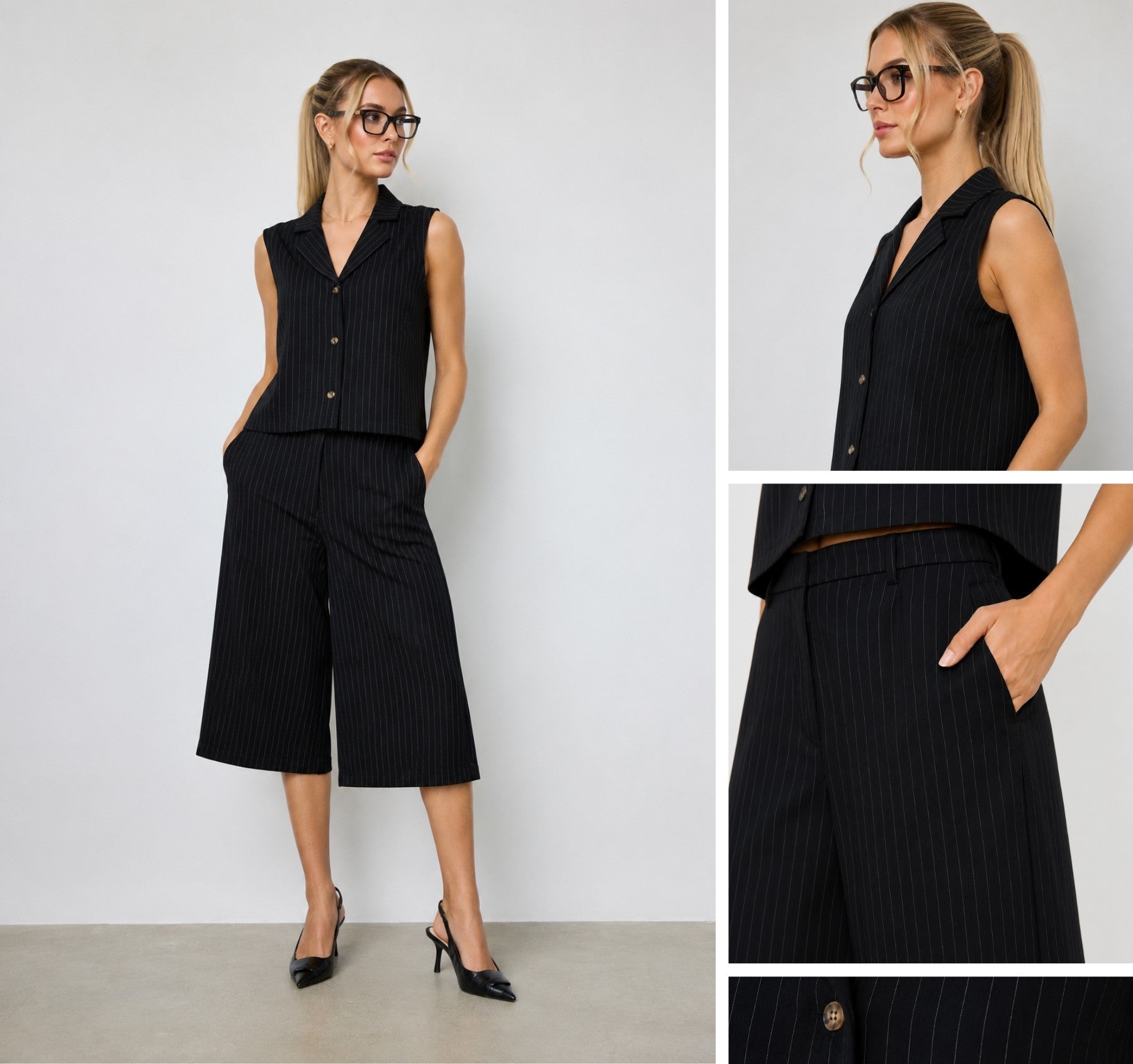 Schwarzes Nadelstreifen-Set mit ärmelloser Weste und weiter Culotte, gezeigt in Ganzkörper-, Seiten- und Detailansichten vor hellem Studiohintergrund.