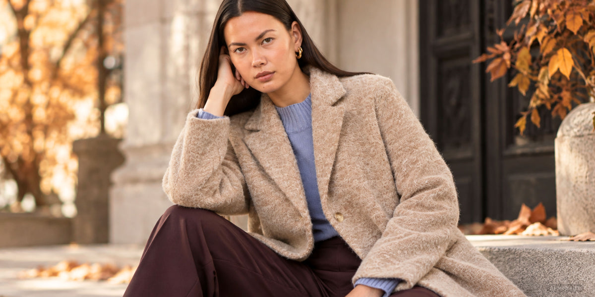Model in einem beigen Mantel vor herbstlicher Kulisse mit goldenen Blättern. Der elegante Look verbindet warme Herbstfarben mit einem modernen, stilvollen Outfit.