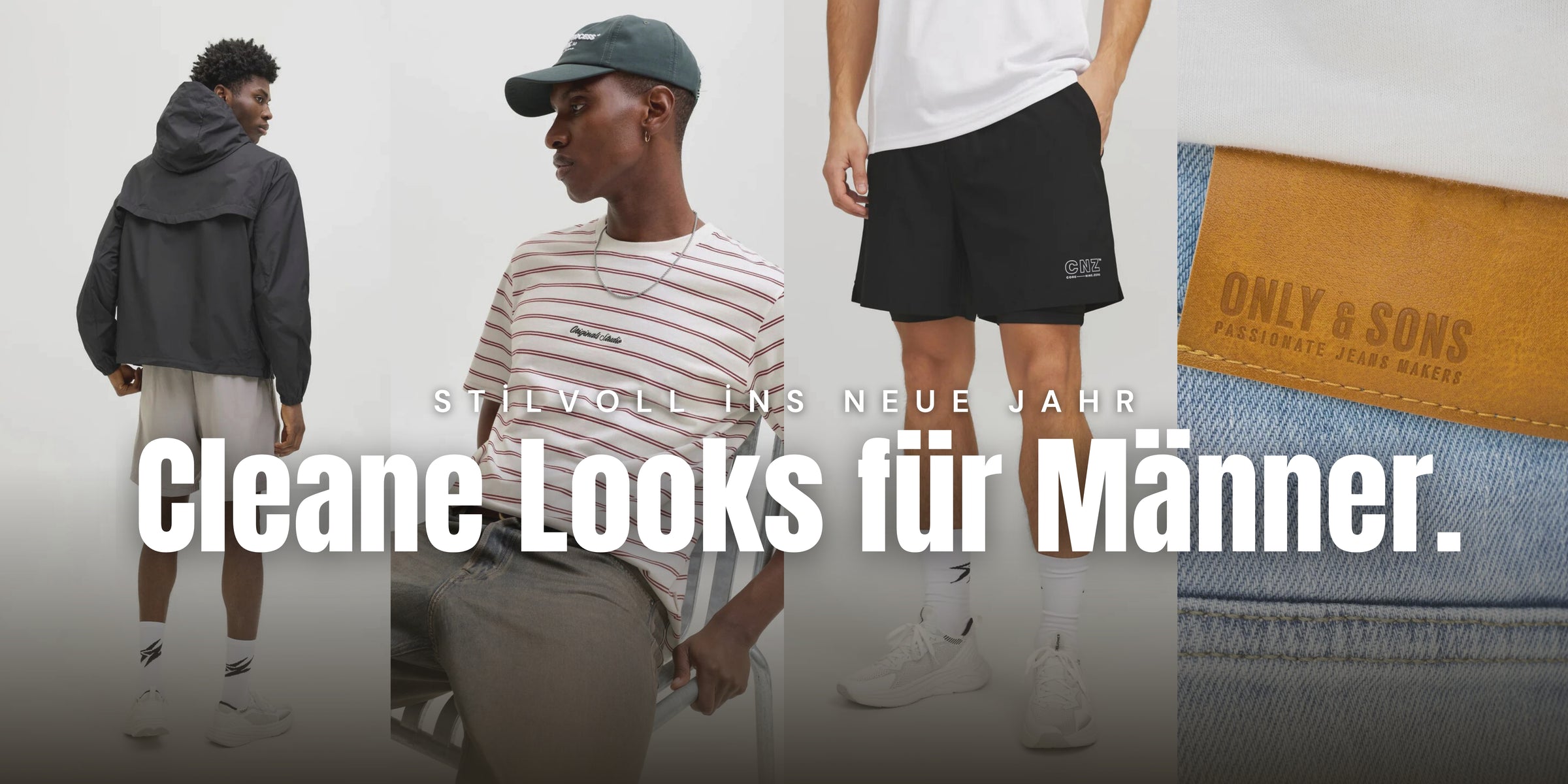 Männer in Kleidung, Schriftzug „Stilvoll ins neue Jahr“