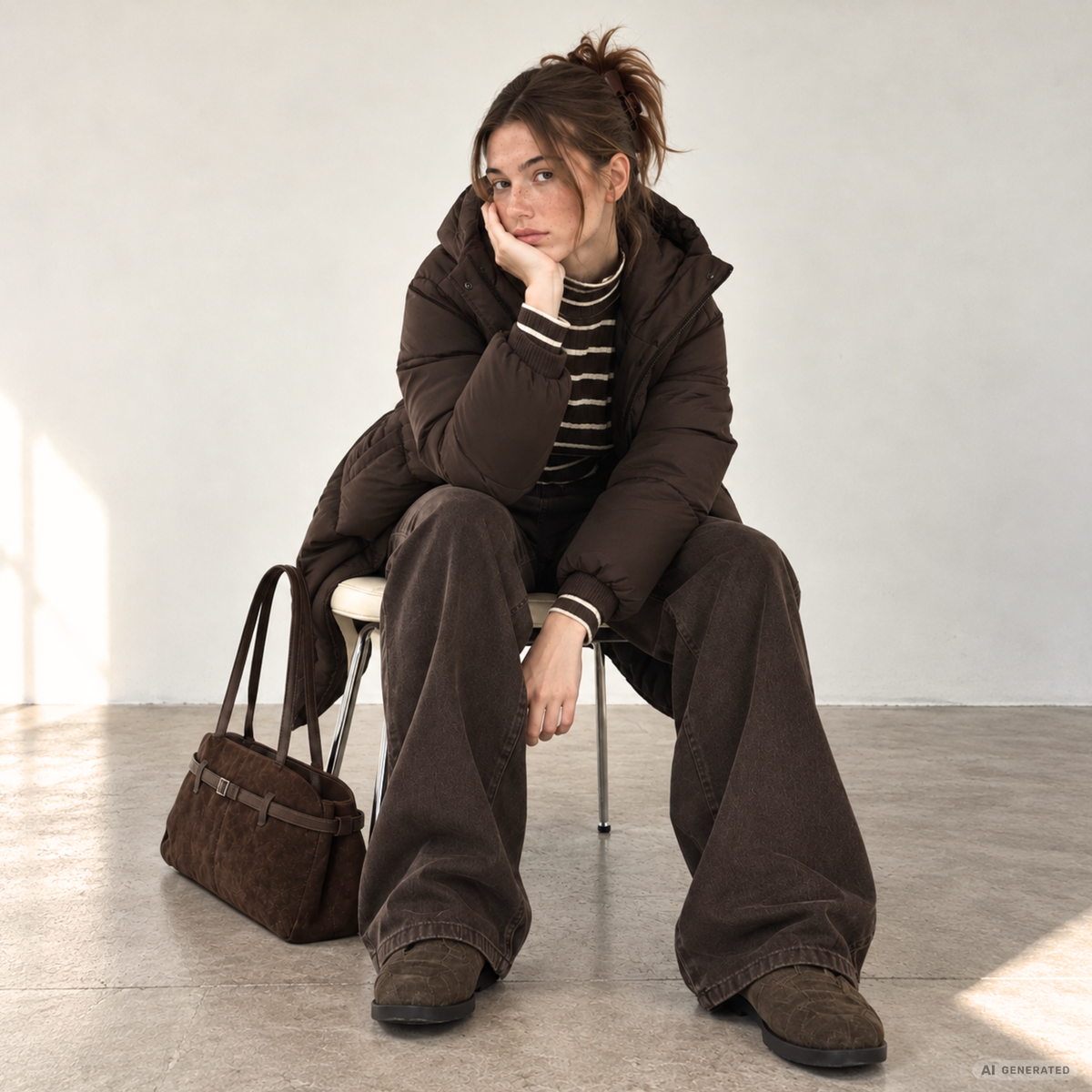 Model in einem braunen Ton-in-Ton-Outfit mit gestreiftem Pullover, weiter Jeans und Steppmantel. Die entspannte Pose auf dem Hocker und die braune Tasche verleihen dem Look einen lässigen Editorial-Charakter.