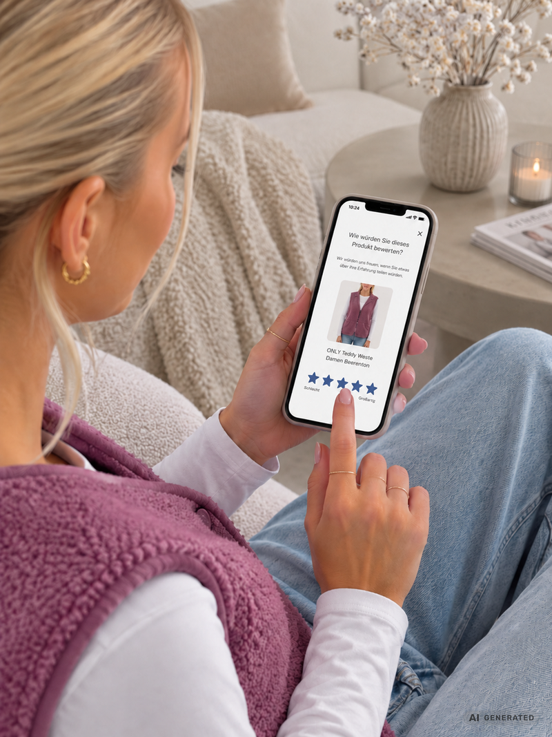 Kundin bewertet die beerenfarbene Teddy-Weste online mit fünf Sternen auf ihrem Smartphone.