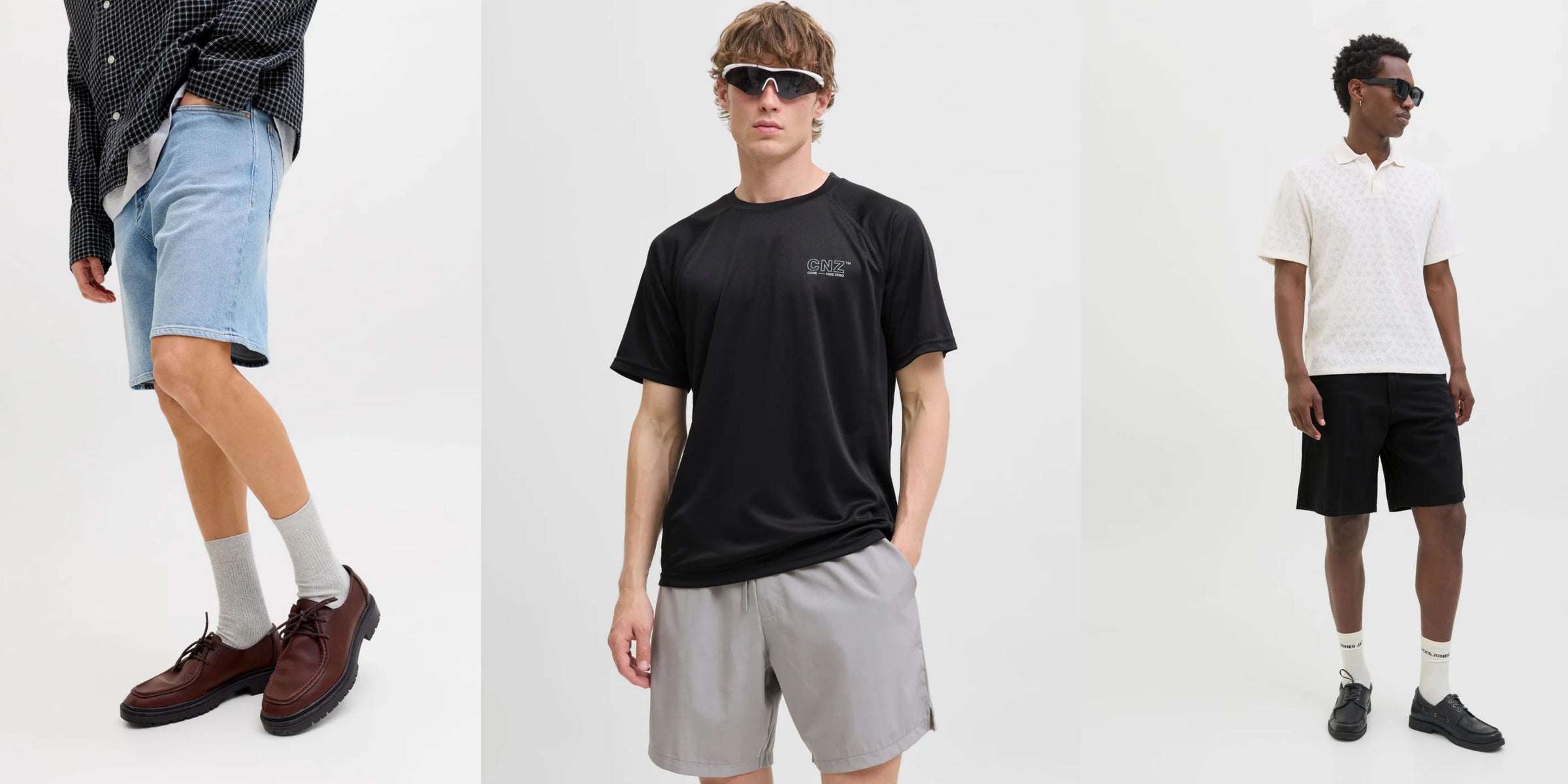 Moderne Herren-Sommerlooks mit lässigen Shorts, lockeren Shirts und stilvollen Accessoires vor hellem Studiohintergrund. Die Outfits kombinieren Casual-Style mit sportlichen und eleganten Elementen für einen trendbewussten Alltagslook.