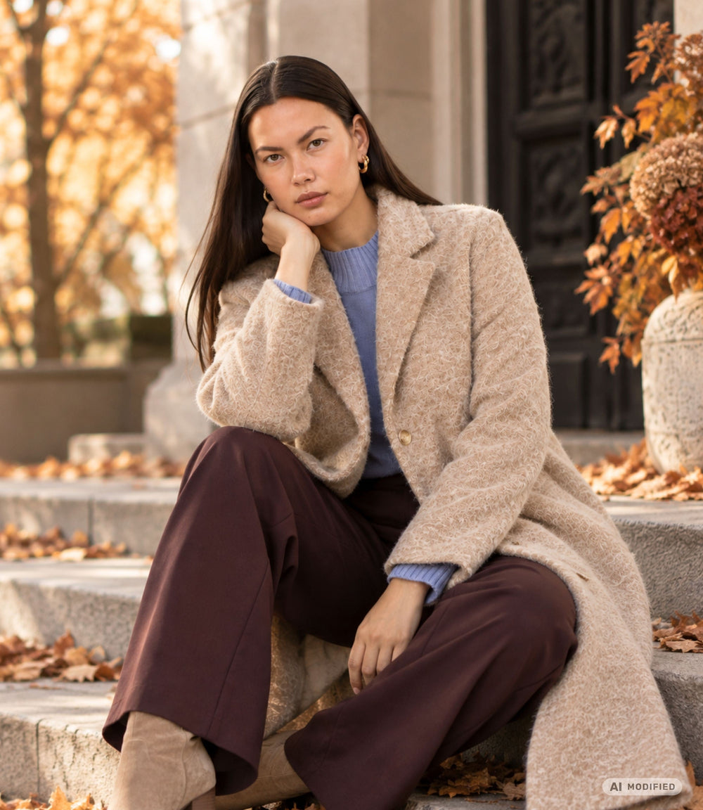 Model in einem beigen Mantel vor herbstlicher Kulisse mit goldenen Blättern. Der elegante Look verbindet warme Herbstfarben mit einem modernen, stilvollen Outfit.