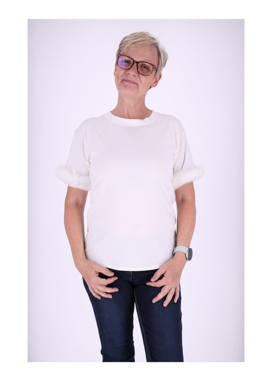 T-Shirt Damen Fellbesatz am Ärmel