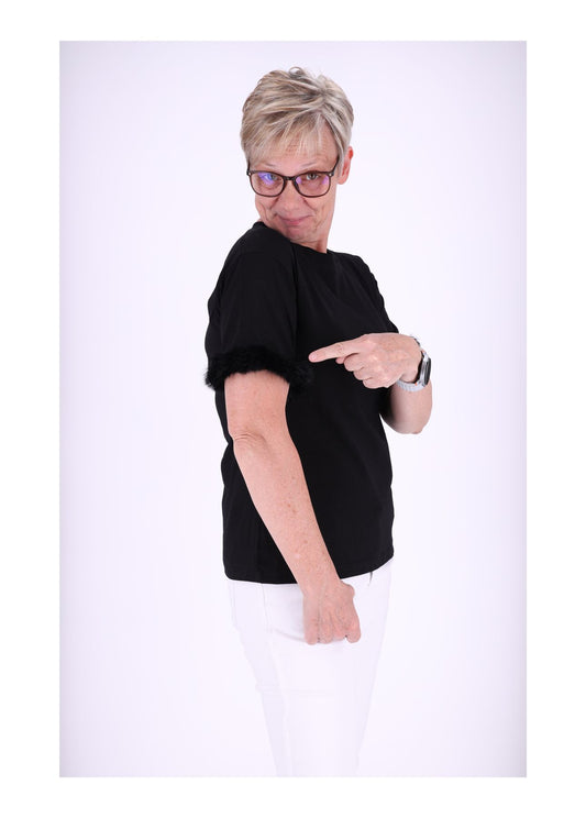 T-Shirt Damen Fellbesatz am Ärmel