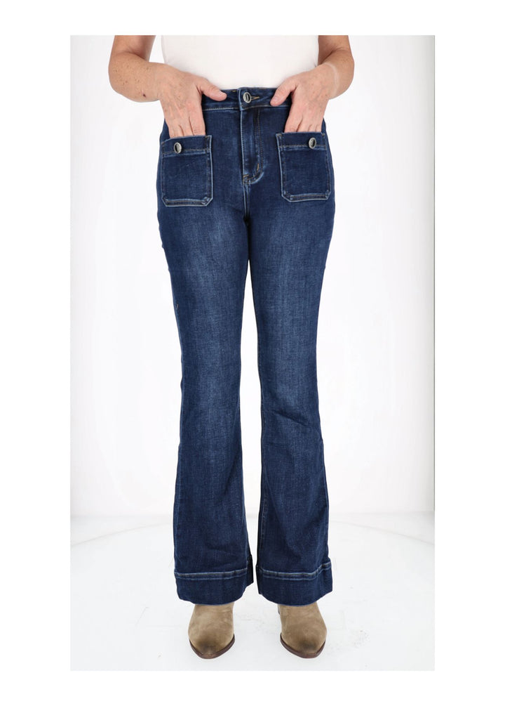 Damen Jeans Schlag aufgesetzte Taschen