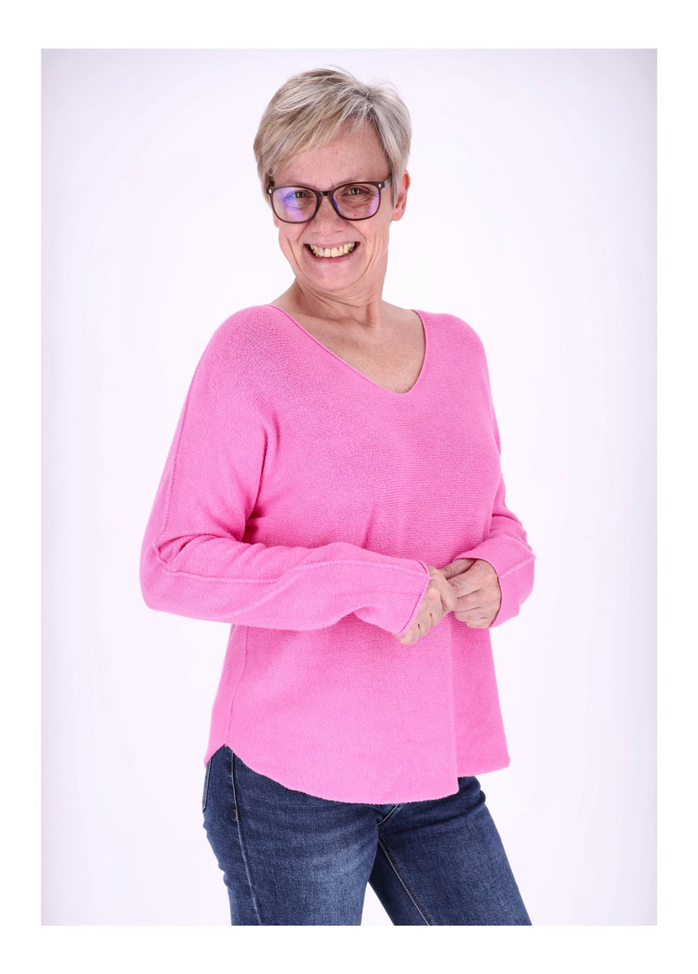 Damen Strickpullover V-Ausschnitt Pink