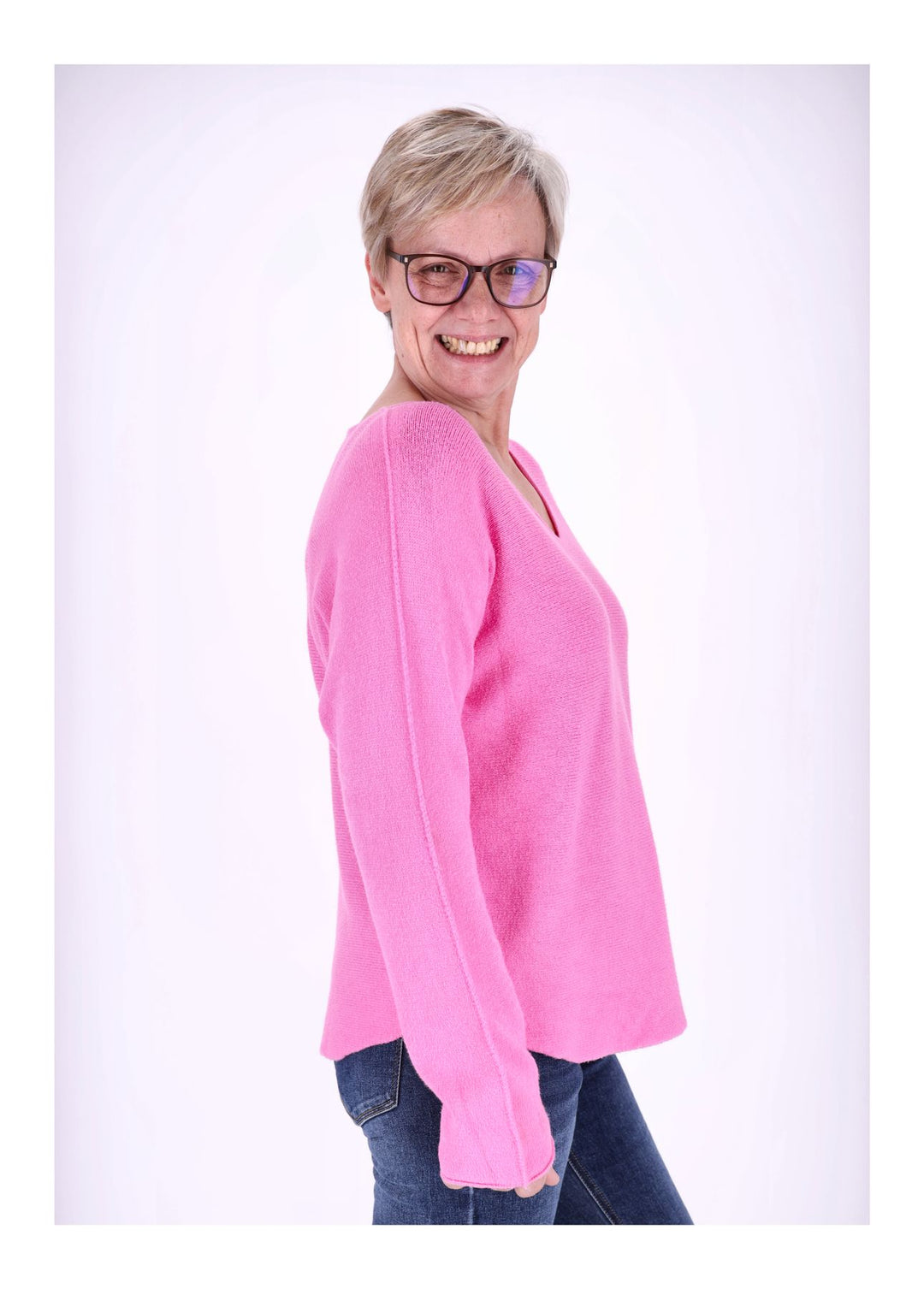 Damen Strickpullover V-Ausschnitt Pink