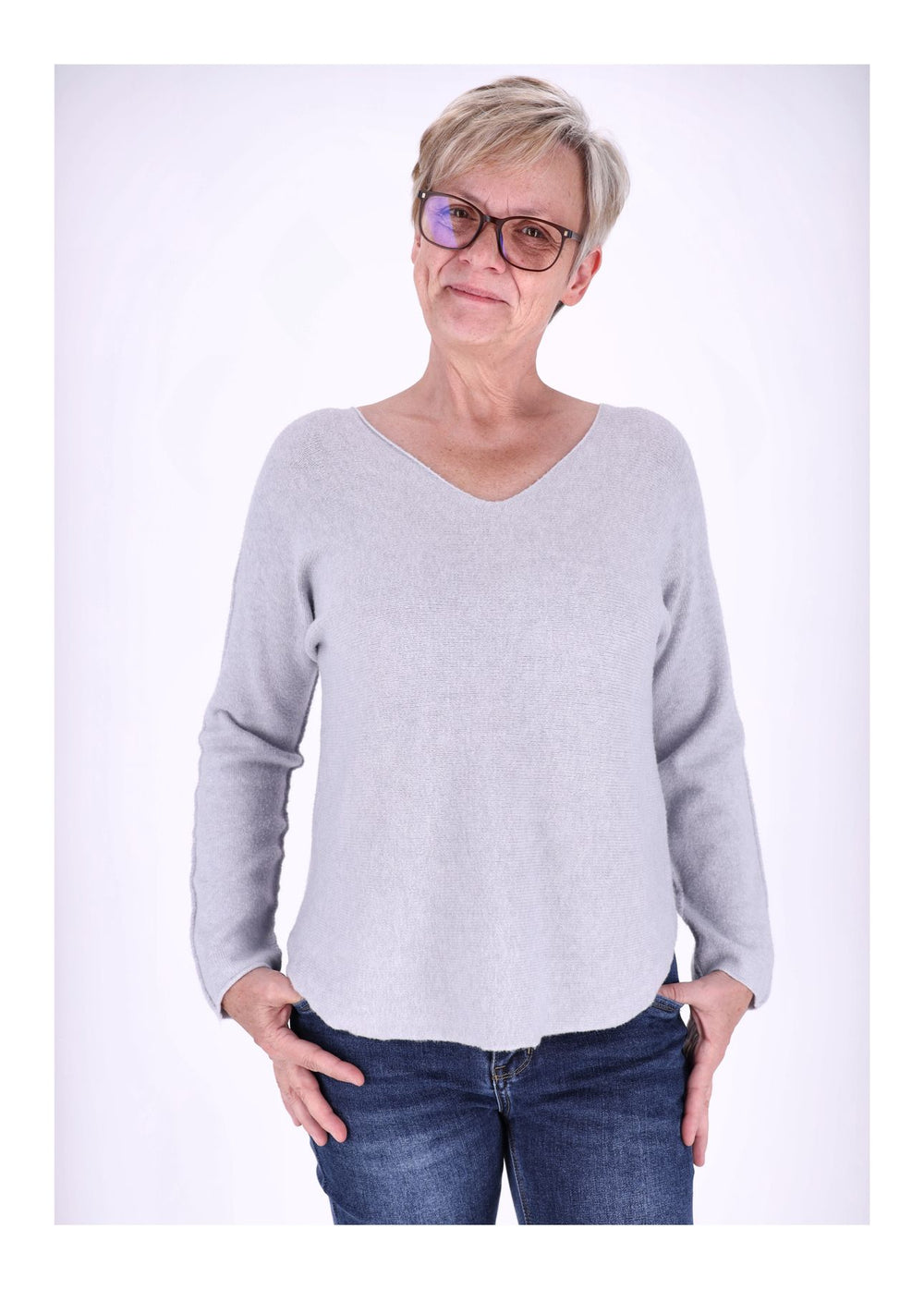 Damen Strickpullover V-Ausschnitt Grau