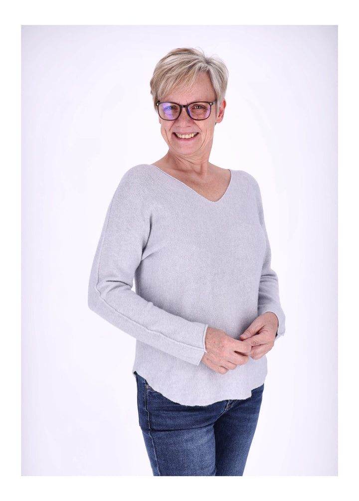 Damen Strickpullover V-Ausschnitt Grau