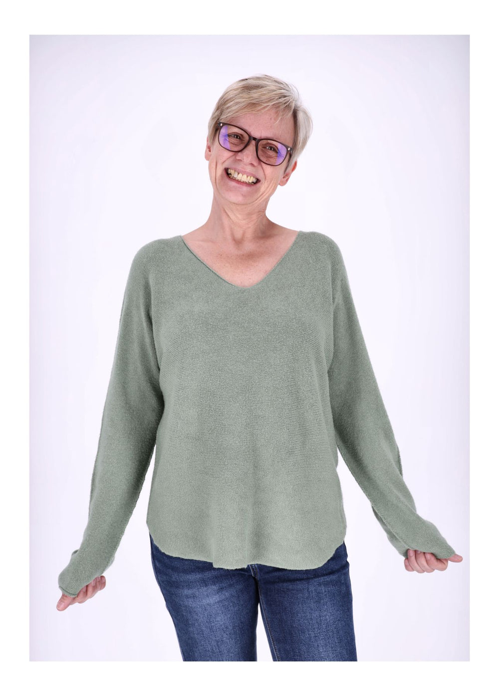 Damen Strickpullover V-Ausschnitt Grün