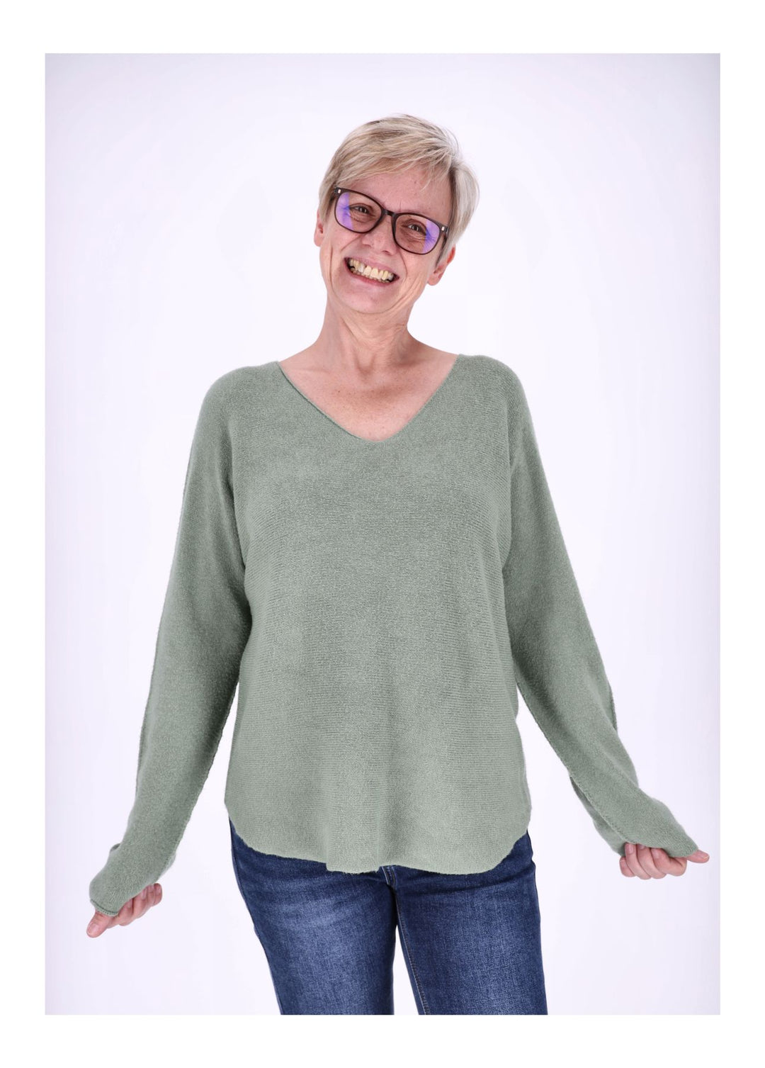 Damen Strickpullover V-Ausschnitt Grün