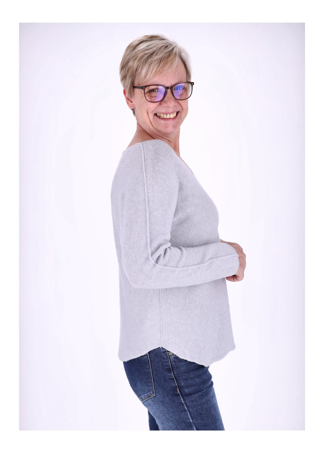 Damen Strickpullover V-Ausschnitt Grau