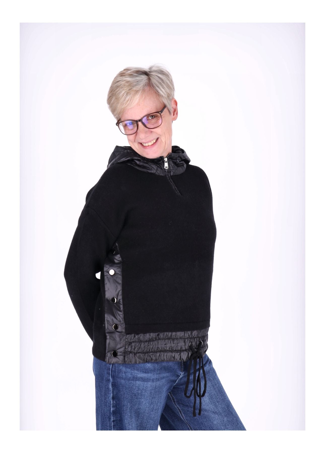 Strickpullover Damen Materialmix Kapuze