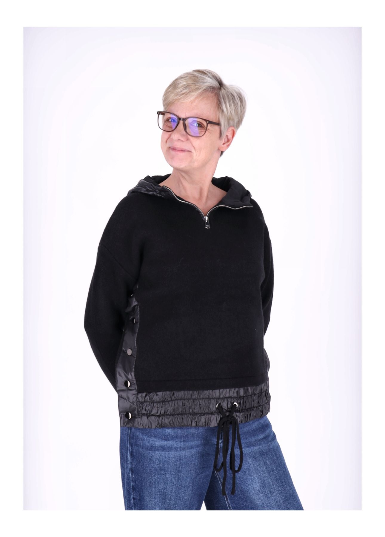 Strickpullover Damen Materialmix Kapuze