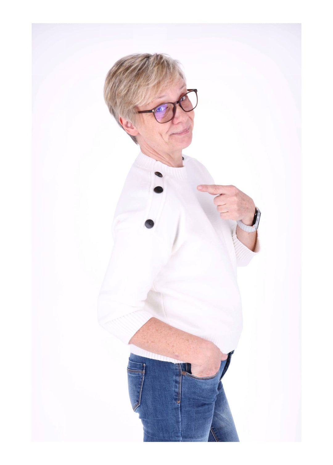 Strickpullover Damen 3/4 Arm Knöpfe