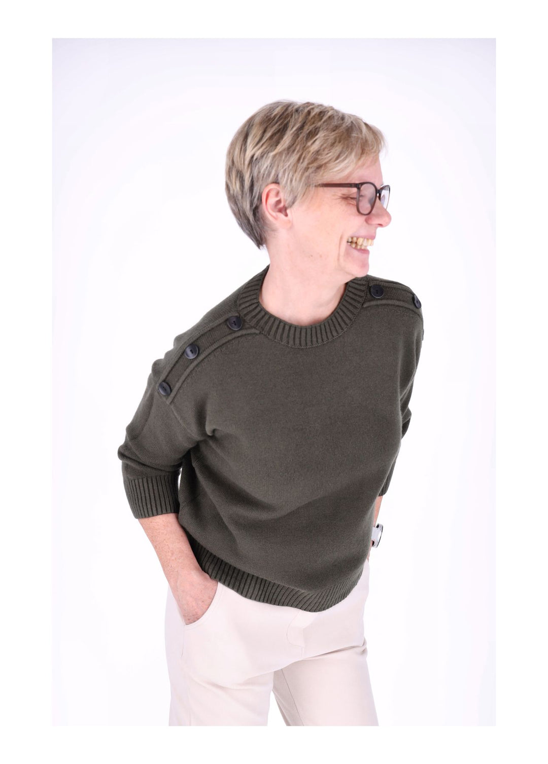 Strickpullover Damen 3/4 Arm Knöpfe