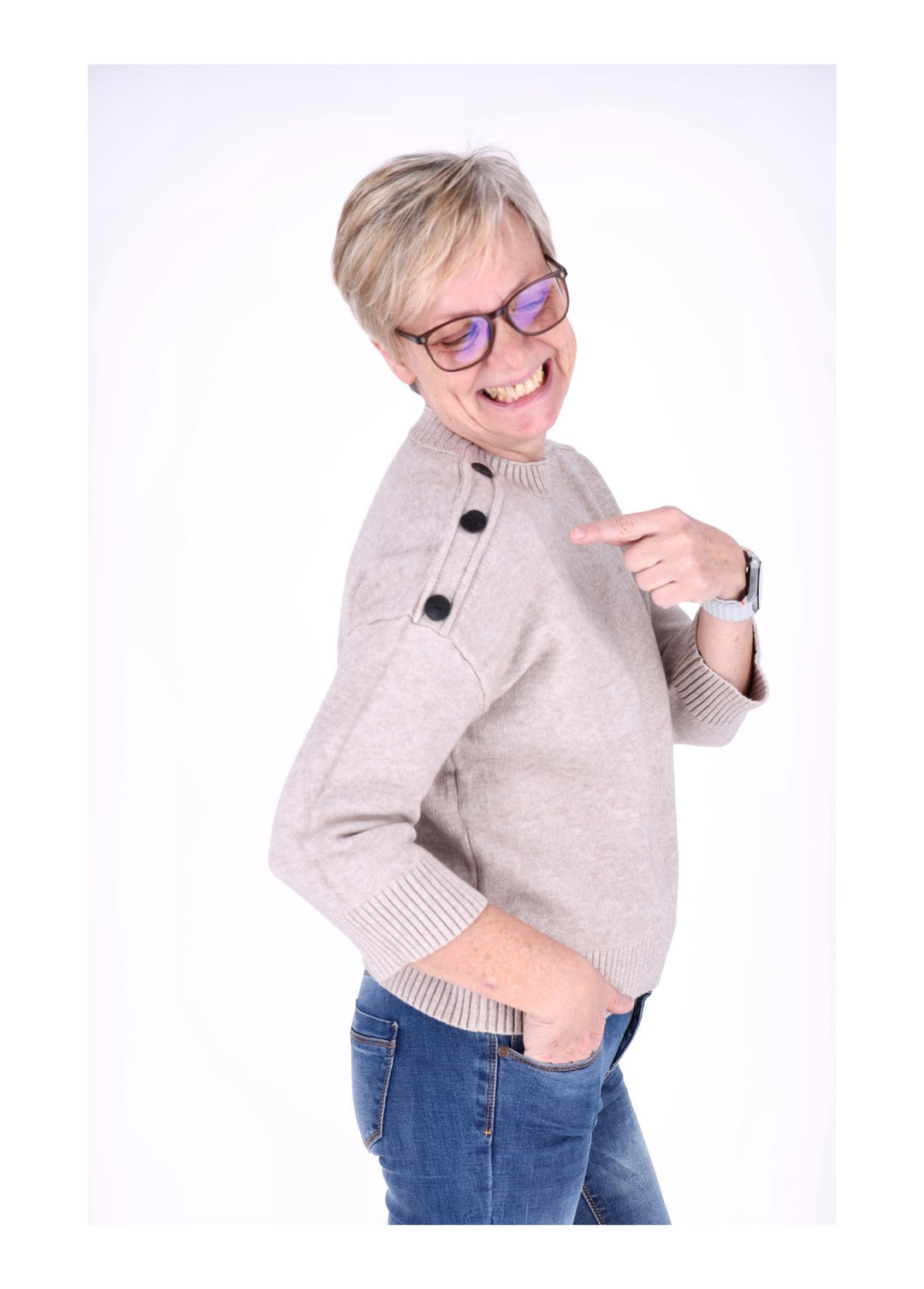 Strickpullover Damen 3/4 Arm Knöpfe