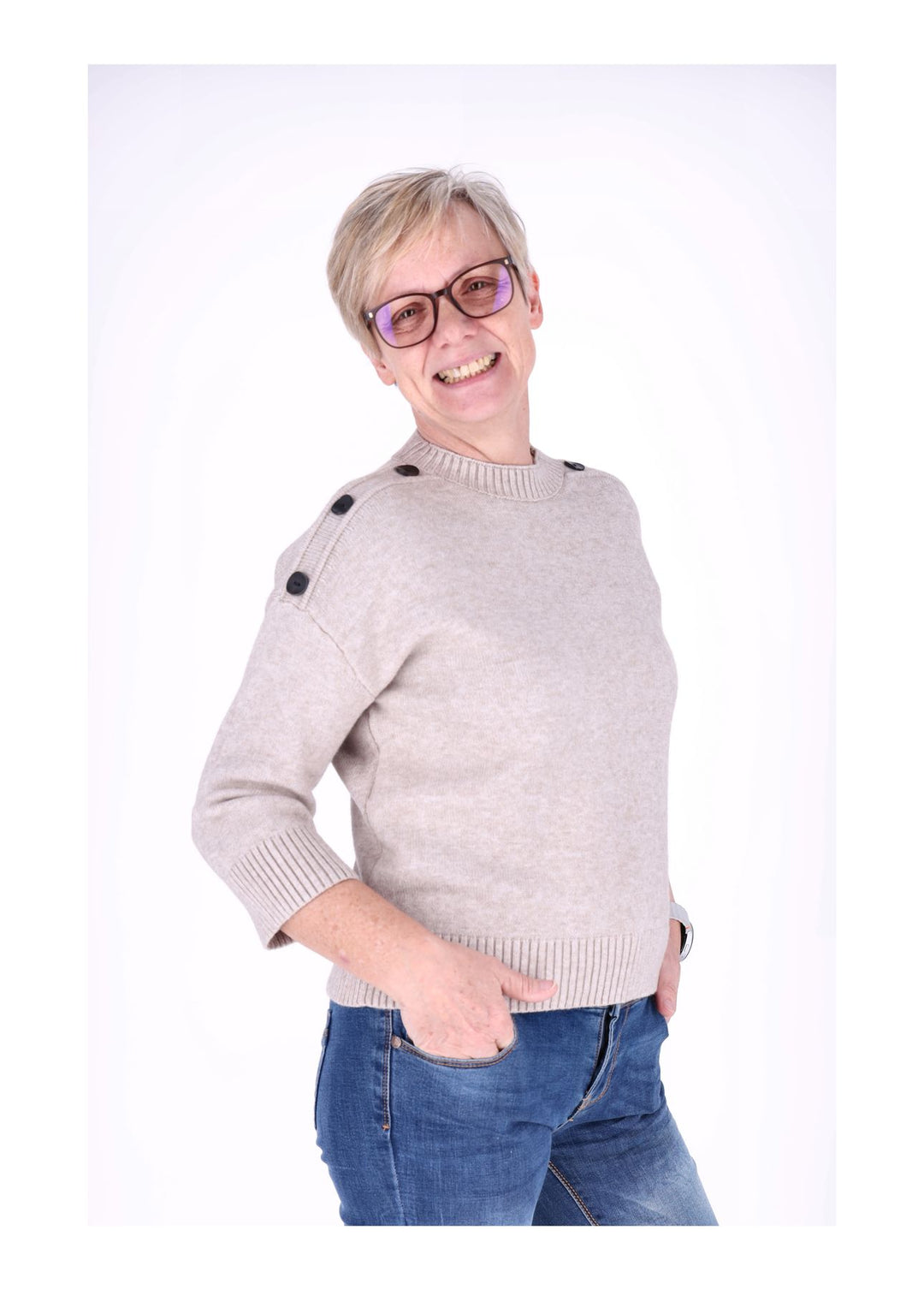 Strickpullover Damen 3/4 Arm Knöpfe