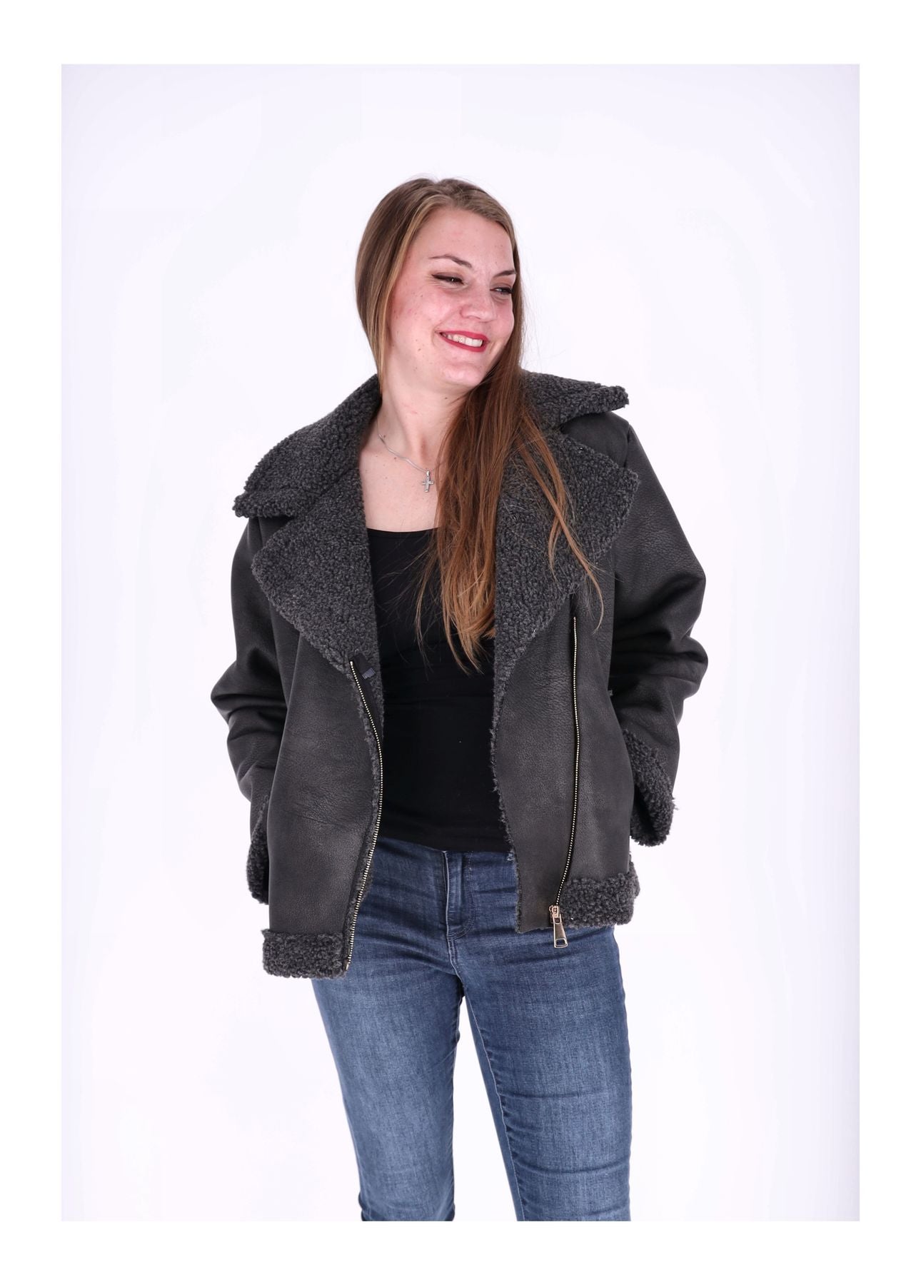 Lederimitat Jacke Veloure mit Teddy