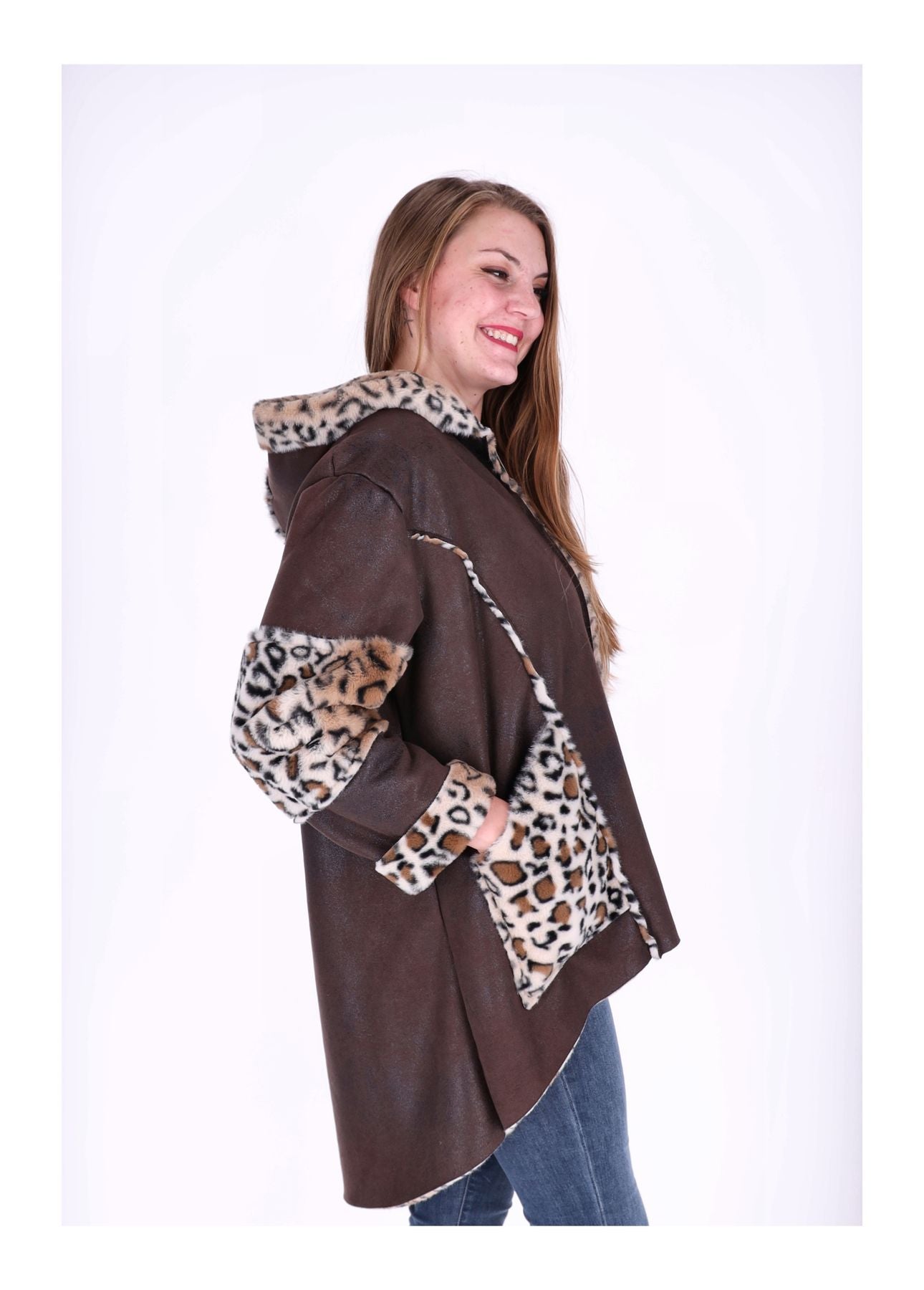 Lederimitat Kurzmantel mit Fell Leo