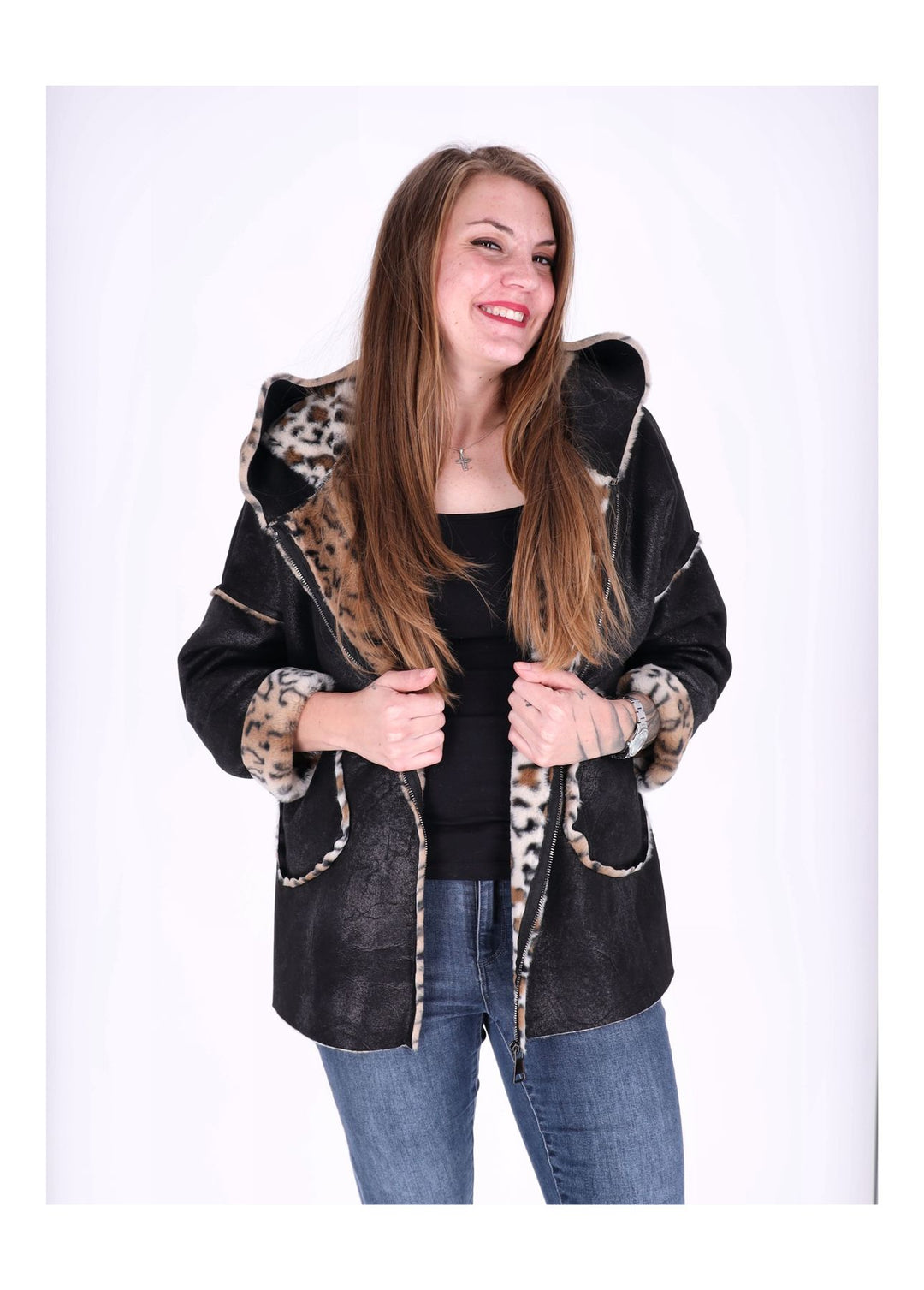 Lederimitat Jacke Damen Futter Fell Leo