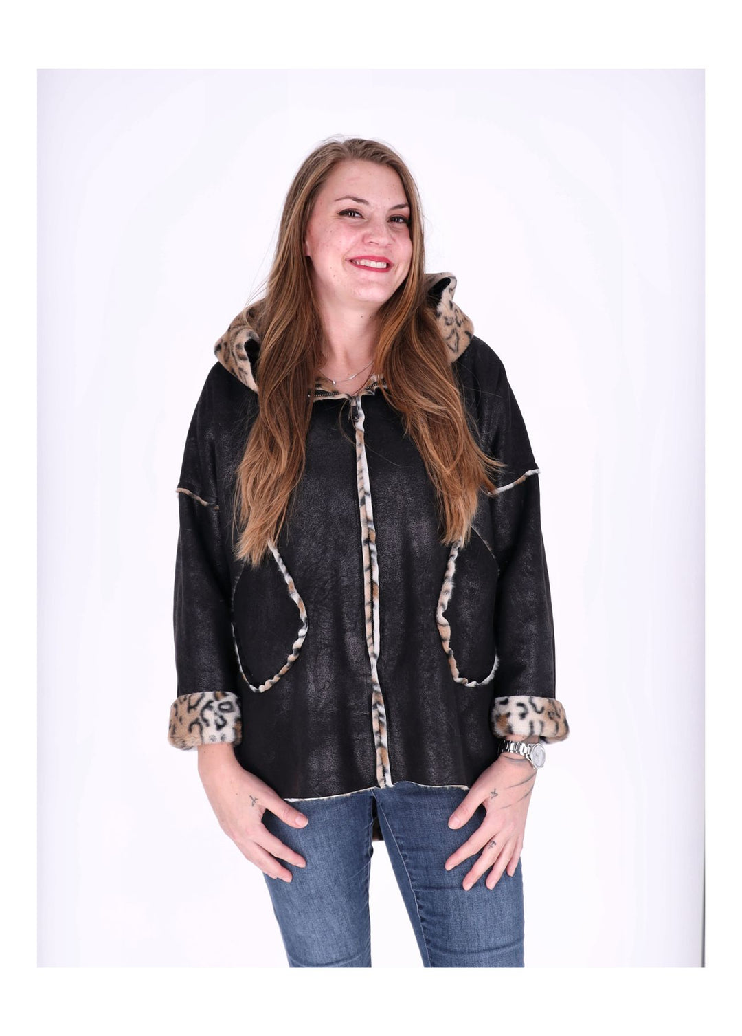 Lederimitat Jacke Damen Futter Fell Leo