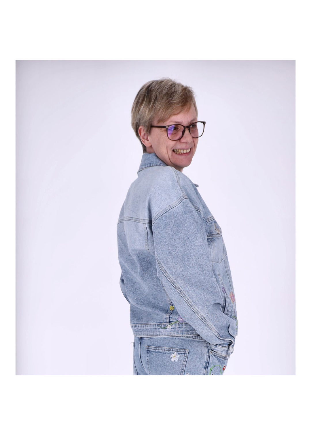 Jeansjacke Damen Blumen Strass