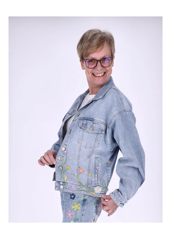 Jeansjacke Damen Blumen Strass