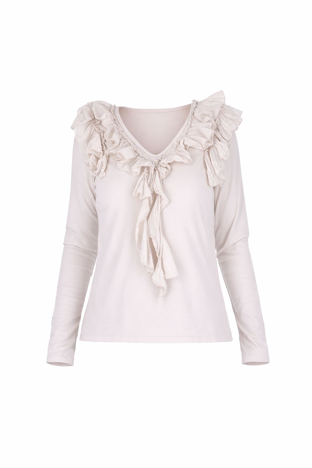 Beiges Damen Langarmshirt mit Rüschen & V-Ausschnitt