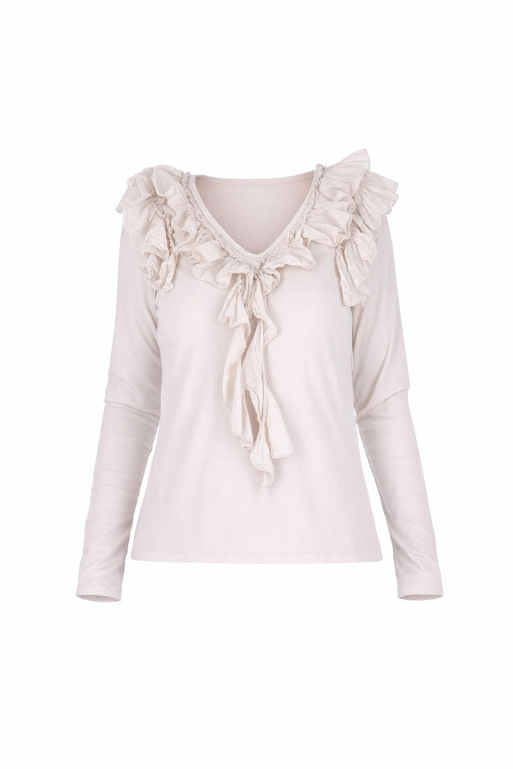 Beiges Damen Langarmshirt mit Rüschen & V-Ausschnitt