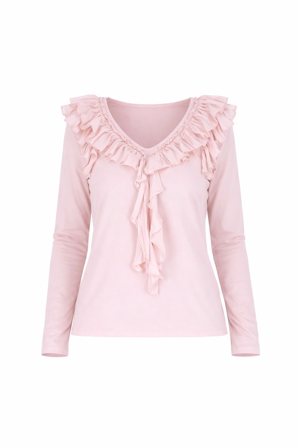 Pinkes Damen Langarmshirt mit Rüschen & V-Ausschnitt