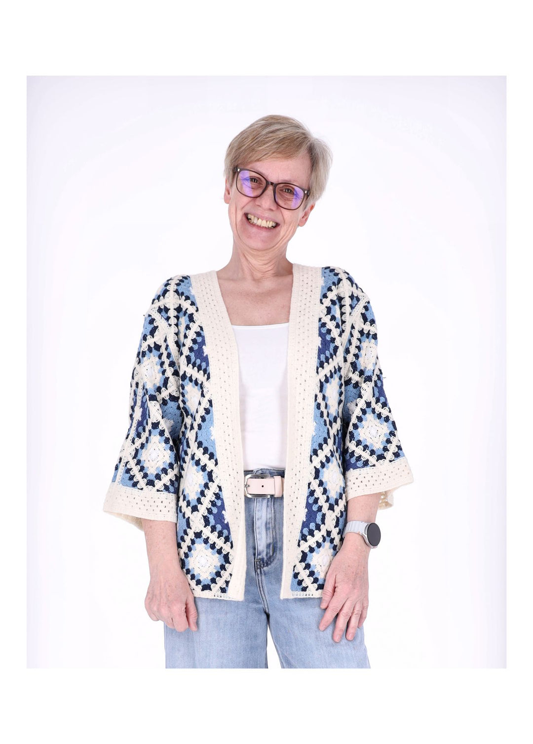 Strickjacke Häkel Damen kurz 3/4 Arm