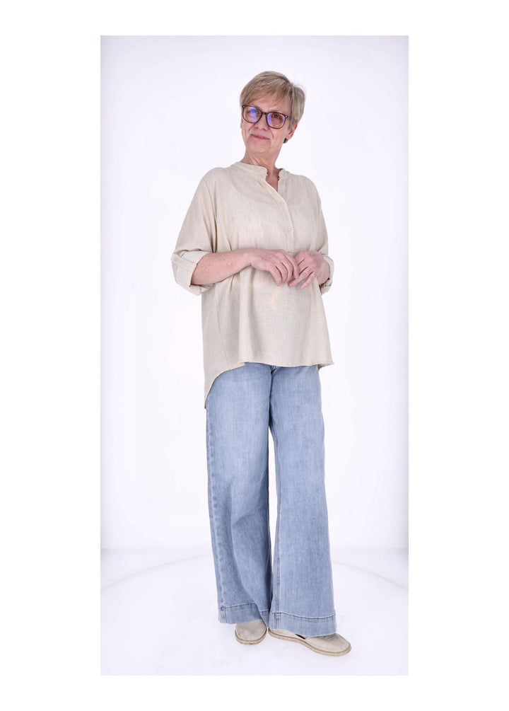 Blusenshirt Damen Struktur Krempelarm kurze Knopfleiste