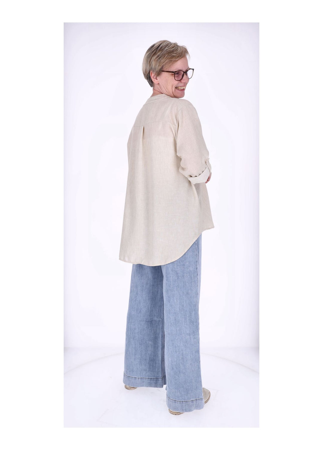 Blusenshirt Damen Struktur Krempelarm kurze Knopfleiste