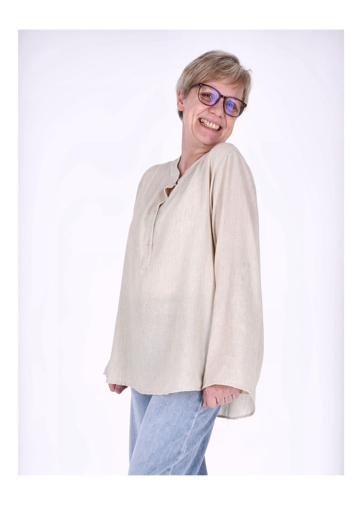 Blusenshirt Damen Struktur Krempelarm kurze Knopfleiste