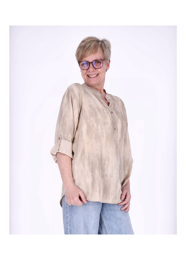 Blusenshirt Damen Krempelarm AOP kurze Knopfleiste