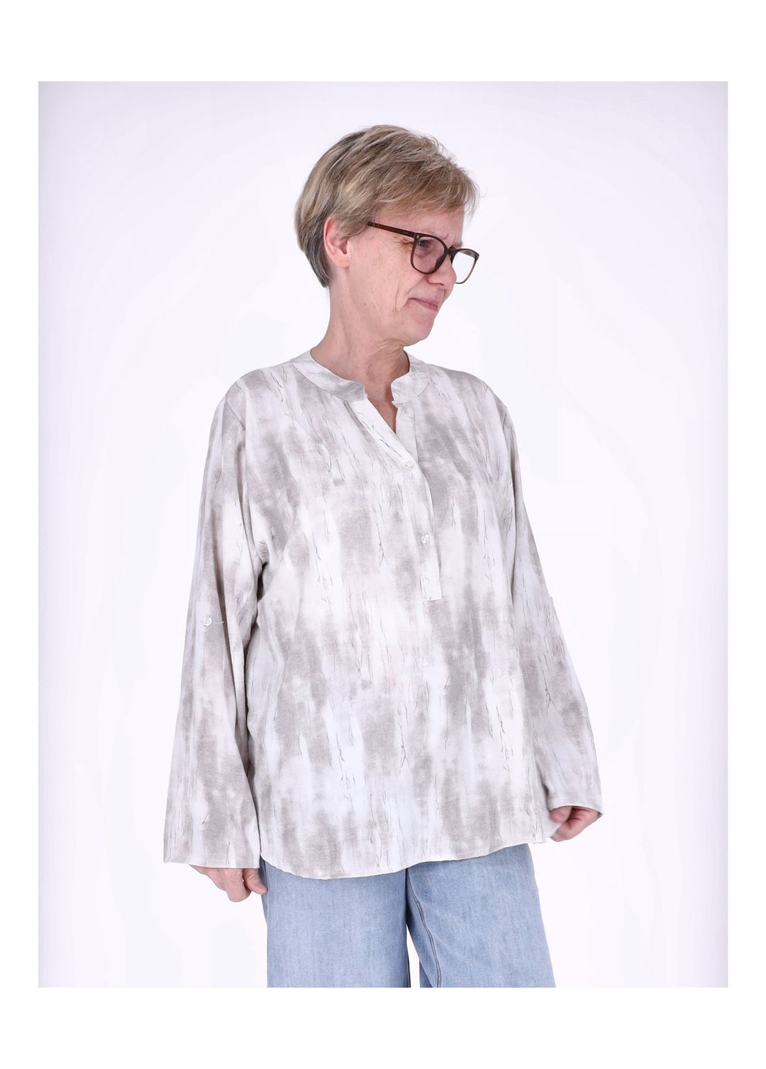 Blusenshirt Damen Krempelarm AOP kurze Knopfleiste