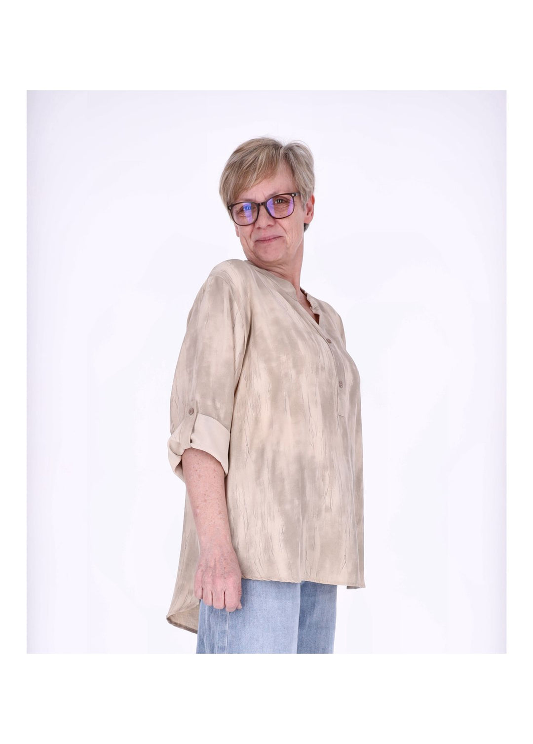 Blusenshirt Damen Krempelarm AOP kurze Knopfleiste