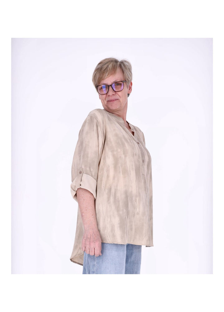 Blusenshirt Damen Krempelarm AOP kurze Knopfleiste