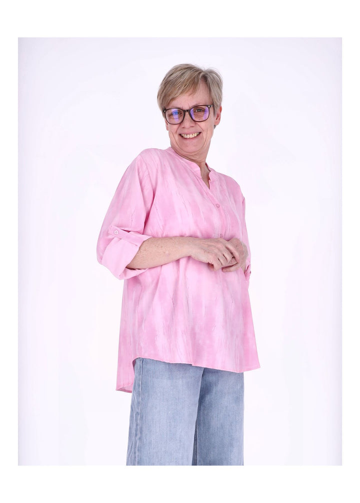 Blusenshirt Damen Krempelarm AOP kurze Knopfleiste