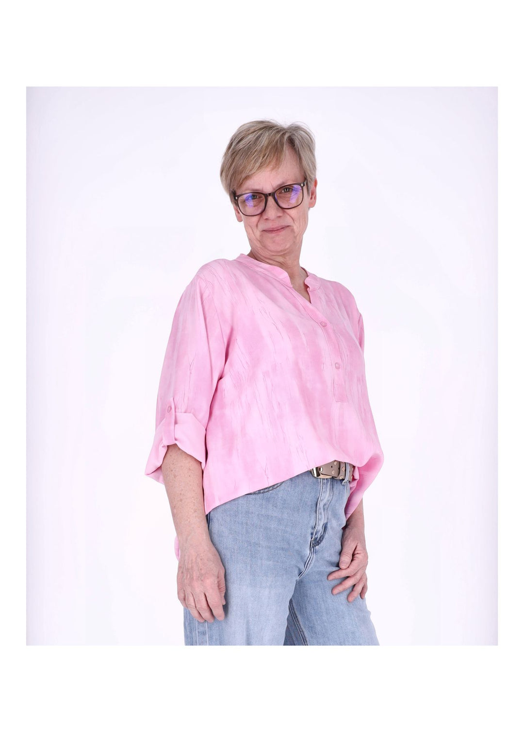 Blusenshirt Damen Krempelarm AOP kurze Knopfleiste