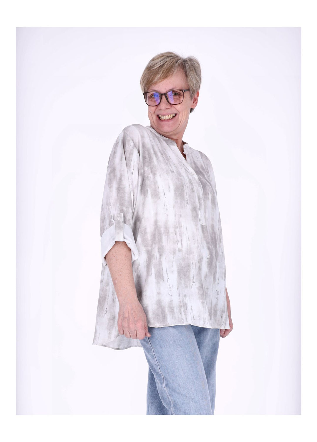 Blusenshirt Damen Krempelarm AOP kurze Knopfleiste