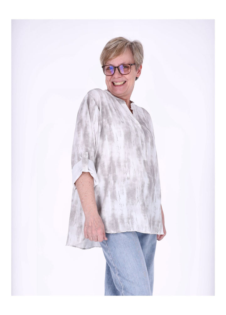 Blusenshirt Damen Krempelarm AOP kurze Knopfleiste