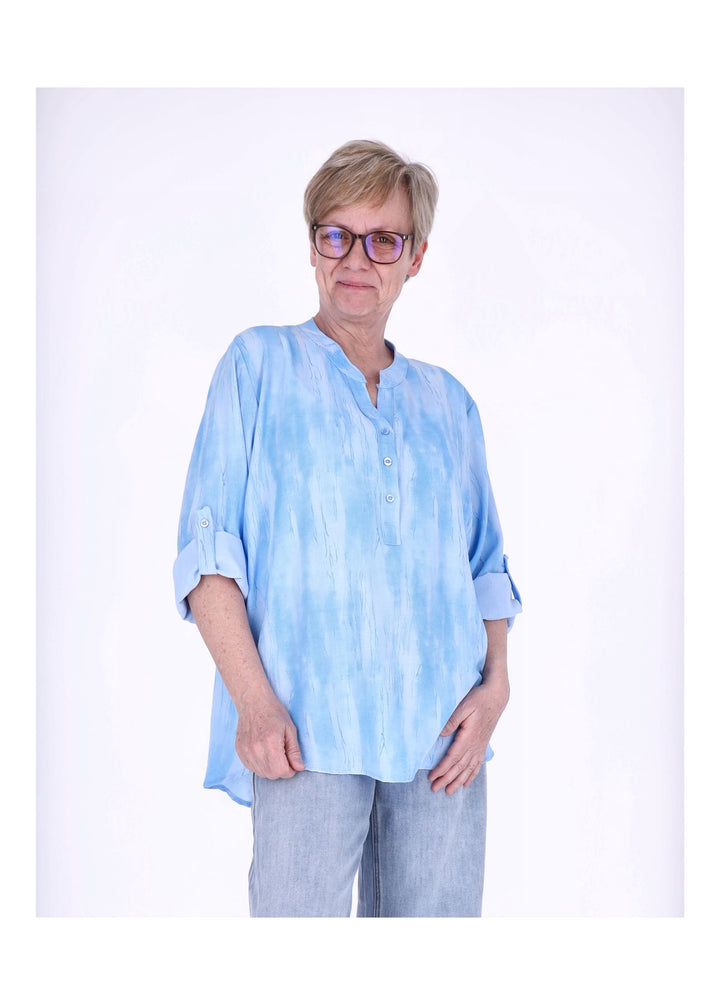 Blusenshirt Damen Krempelarm AOP kurze Knopfleiste