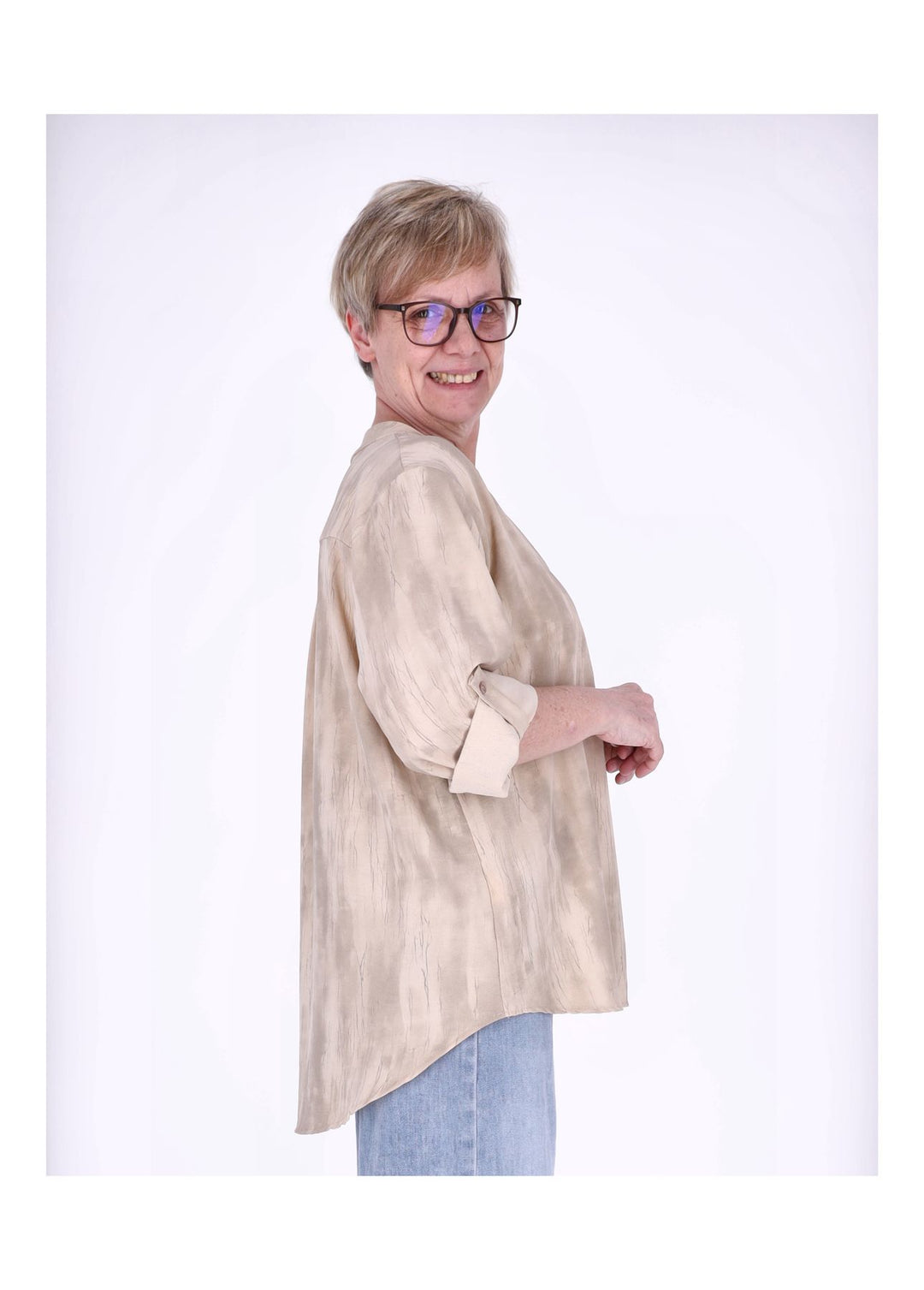 Blusenshirt Damen Krempelarm AOP kurze Knopfleiste