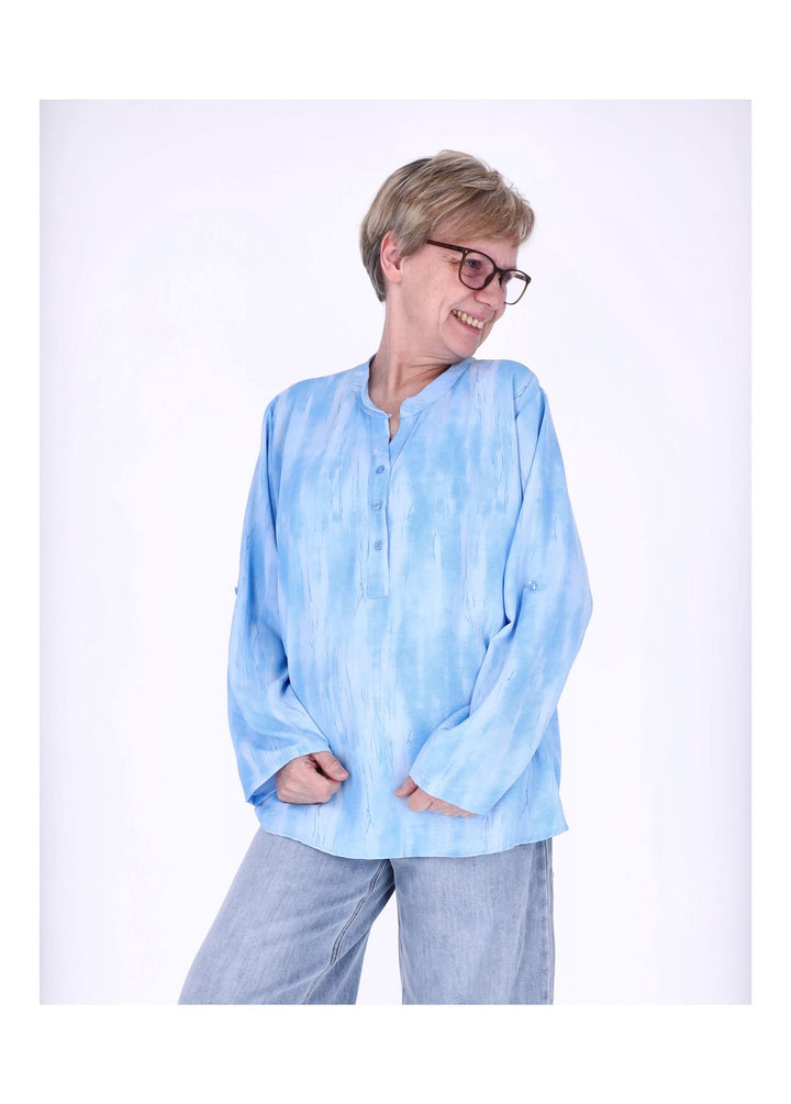 Blusenshirt Damen Krempelarm AOP kurze Knopfleiste