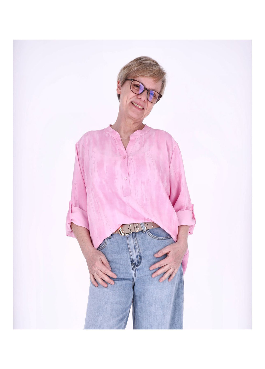 Blusenshirt Damen Krempelarm AOP kurze Knopfleiste