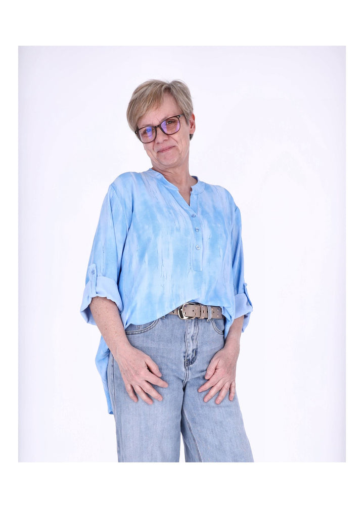 Blusenshirt Damen Krempelarm AOP kurze Knopfleiste