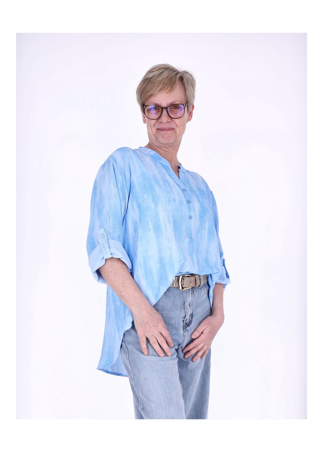 Blusenshirt Damen Krempelarm AOP kurze Knopfleiste